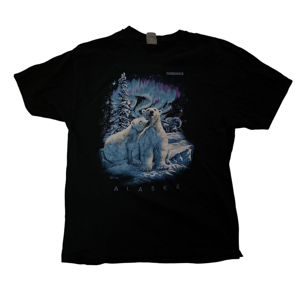 Hanes Beefy-T Alaska Polar Bear Northern Lights Fairbanks Graphic T-Shirt Black